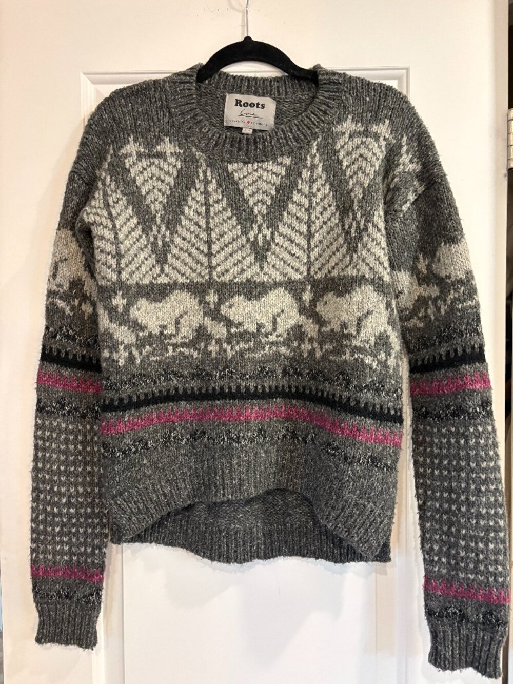 Roots x LINE Knitwear Fair Isle Nordic Sweater Gray Pink Size M - Picture 3 of 10